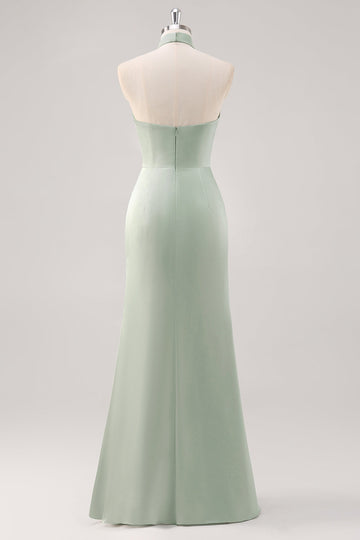 Salvie Grøn Halter Skede Brudepige Kjole med Slids